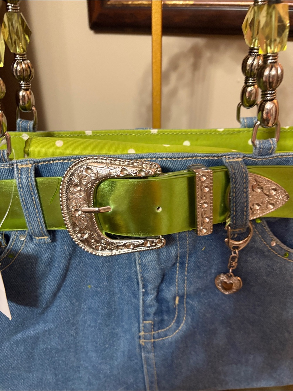 Denim Tote with Lime Green Trim and Beaded Handles - Picture 3 of 9